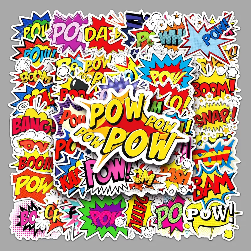 50pcs Bright Premium Paper Peel-and-Stick Superhero Comic Signs, Vivid Color Cartoon Adhesive Stickers for Birthday Party Favors, Mobile Phone & Goodie Bag Decor with Card Functionality