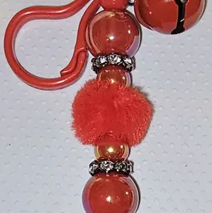 Keychain or purse Clips with Red Beads and Fuzzy Pom Pom for Stylish Accessory