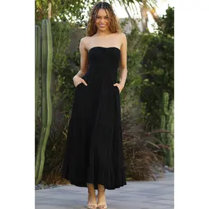 Strapless Smocked Sweetheart Maxi Dress with Pockets – Angie | Black Boho Summer Dress