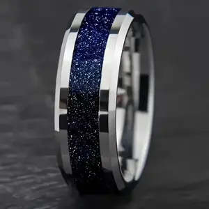 8mm Blue Somen Men's Tungsten Carbide Ring Sandstone Inlay Beveled Edges High Polished Wedding Band Engagement Ring for Men