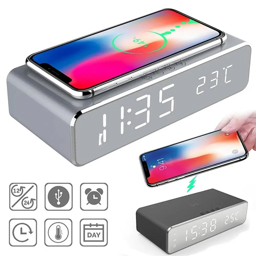 2-in-1 Wireless Charging Station with Alarm Clock Function, 1 Count Multifunctional Wireless Charger with LED Digital Thermometer for Phone Earphone