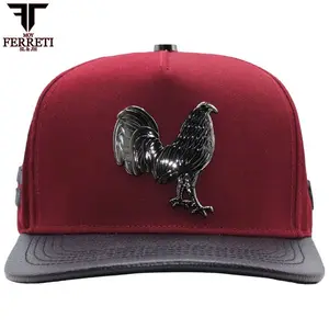 Ferreti Hats FT83 Vino Mr. Gallo Cap with Metal Rooster Detail & Embroidered Text Five Panels Eyelets Curved Visor for Men
