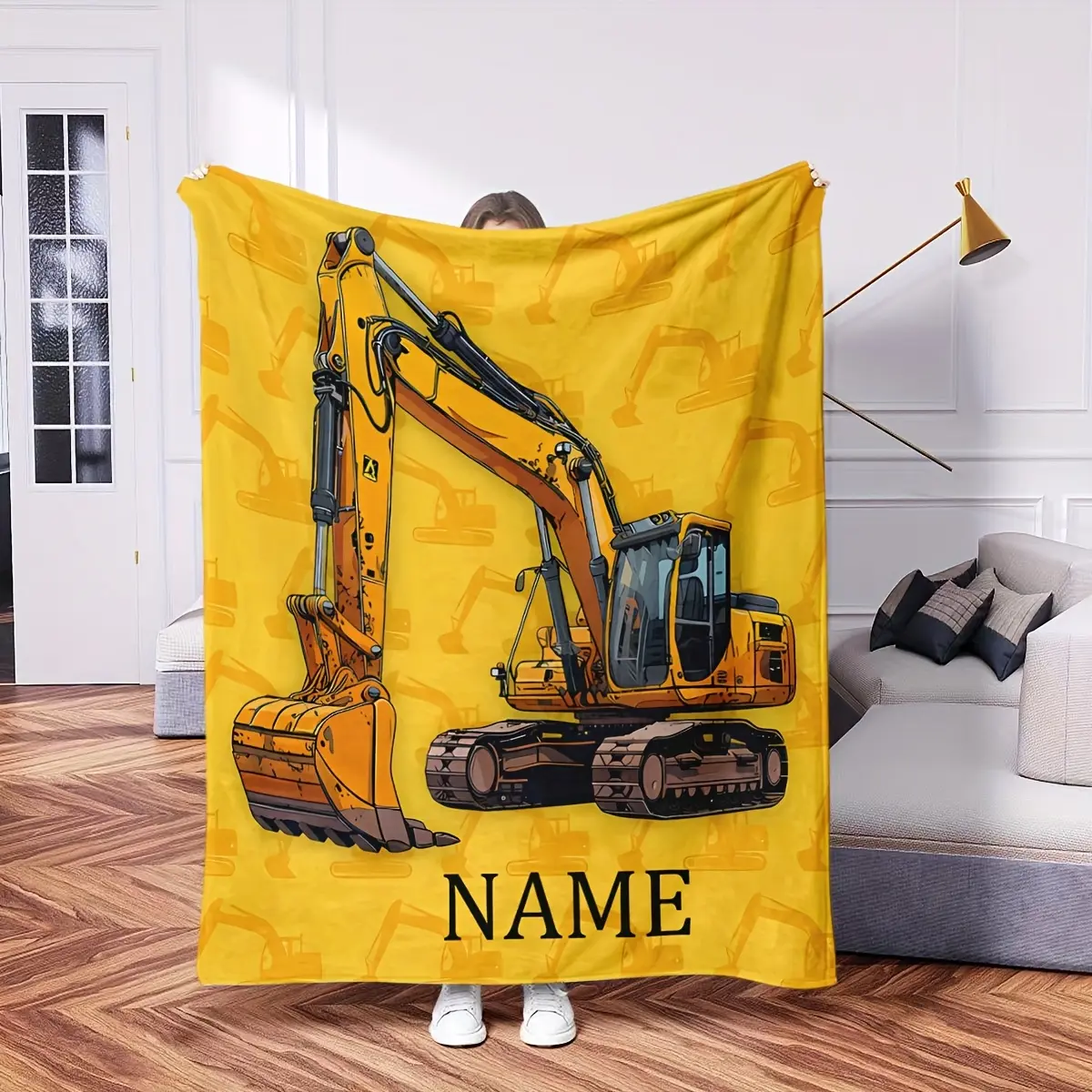 Customizable Construction Excavator Print Cooling Blanket for Couch Bed, Lightweight Plush All Season Nap Blanket, Portable Travel Camping Car Office Throw Blanket, Durable Wrinkle Resistant Printed Blanket, Ideal Personalized Kid & Construction Worker Gi