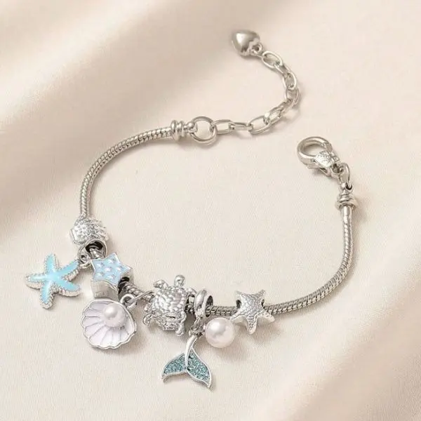 Luxury Ocean Charm Handmade Beaded Bracelet for Women – Sparkling Rhinestones, Seashells, Starfish & Sea Turtle Charms with Faux Pearls | Adjustable Copper Chain | Perfect Beach, Vacation & Gift Jewelry