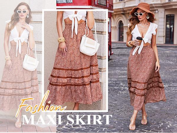 Zeagoo Women's Midi Skirts High Waisted Pleated A-Line Swing Skirts Summer Floral Long Skirts with Pockets