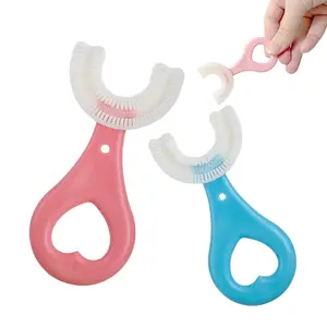 2 Pcs U-Shaped Kids Toothbrush, Soft Manual Training Toothbrush for Toddlers 2-6 Years Old, Food-Grade Silicone, Blue + Pink