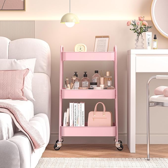 3-Tier Rolling Cart, Pink Mobile Storage Organizer with Wheels, Multi-Purpose Utility Cart for Kitchen, Bathroom, Bedroom, Office, Rolling Utility Cart for Makeup, Snacks & Art Supplies