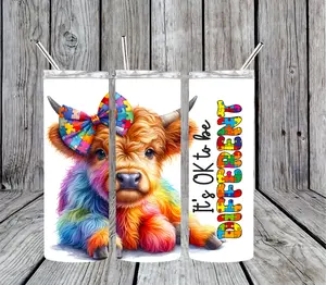 It's okay to be different highland cow Stainless Steel Tumbler; Includes Plastic Straw and Lid