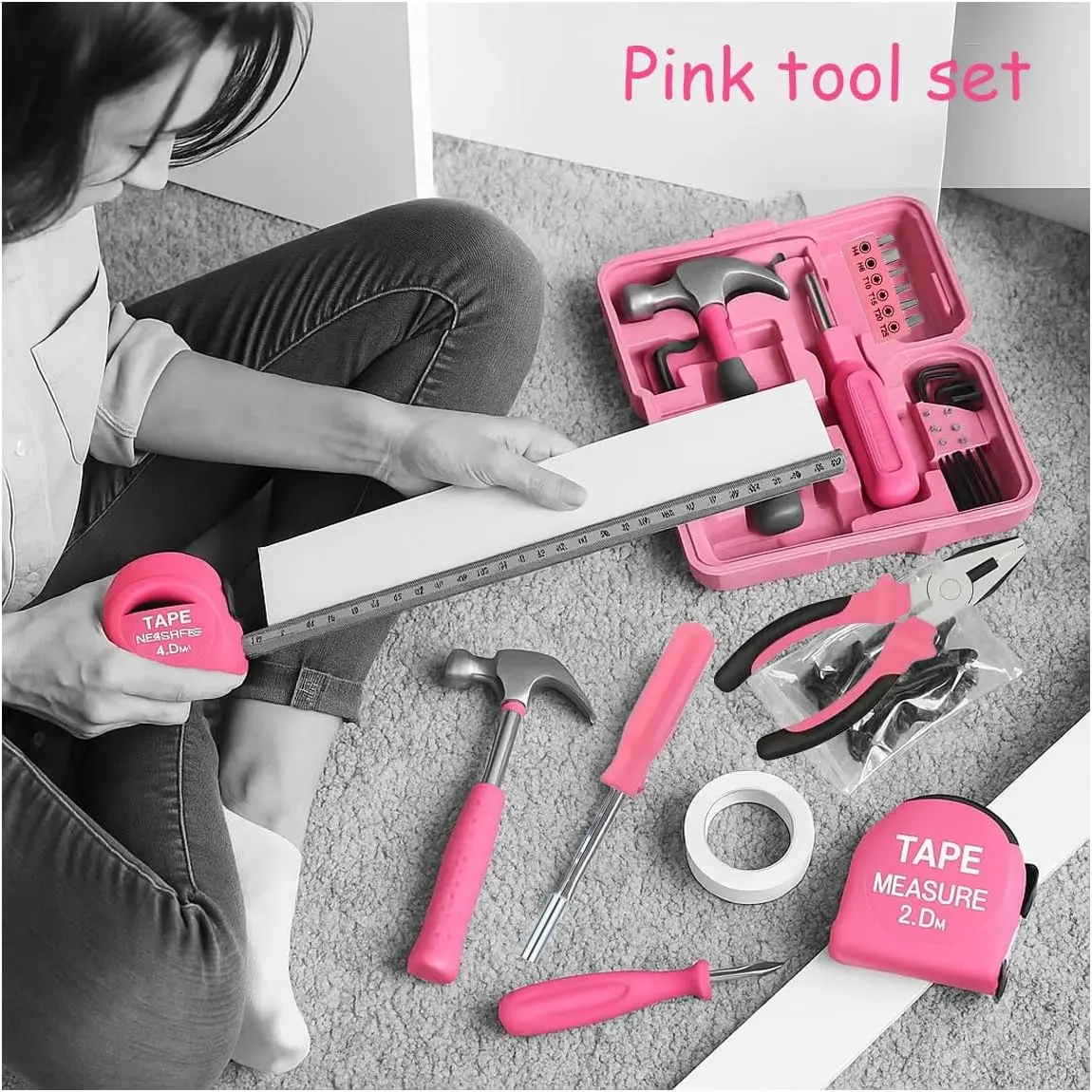24-piece household tool set — multifunctional pink manual tools with storage box, including a hammer, Allen keys, electrical tape, screwdriver, test pen, pliers, and bits; an ideal Christmas and New Year gift for women