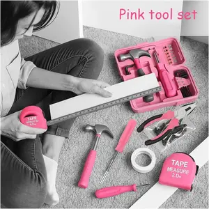 24-piece household tool set — multifunctional pink manual tools with storage box, including a hammer, Allen keys, electrical tape, screwdriver, test pen, pliers, and bits; an ideal Christmas and New Year gift for women