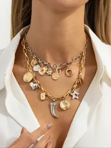 Boho Heart-Shaped Dual-Layer Chain Necklace, Fashionable Metal Jewelry for Women, Casual Party Accessory, Perfect Gift Idea