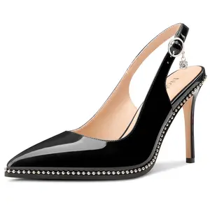 Slingback Beaded Pumps for Women High Stiletto Heel Pointed Toe Slip-on Dress Sandals Adjustable Buckle Rhinestone Patent Leather 3.9 Inches Heels