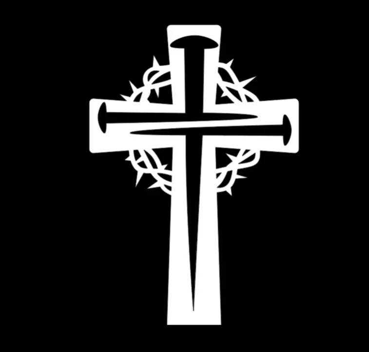 Cross with 3 nails and crown decal, Decal Vinyl Window Decal for Vehicle Windows Boats RVs Office Desks Laptops Easy to Install, self adhesive, several colors and sizes. Stylish Car Merch Truck Accessories