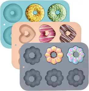 3 Pack Non-Stick Silicone Donut Mold – 6 Cavity Doughnut Pan & Mini Bundt Cake Mold Set for Baking, Blue Gray Pink