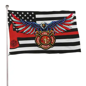 Firefighter Flag FREE SHIP First Responder Hero 9/11 Volunteer Fight The Fire Rescue Public Safety Sign Poster Usa 3x5' Single Side Wall Tapestry Black And White American Flag With Eagle And Fire Rescue Emblem For Bedroom Decor