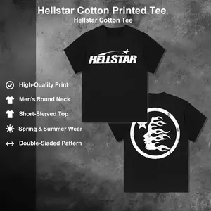 Hellstar Cotton Printed Tee High-Quality Double-Sided Hell Star Pattern T-Shirt Men's Round Neck Short-Sleeved Top Casual Spring Summer Clothing - Tshirt, Womenswear