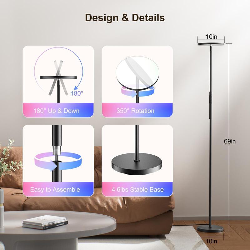 FULSUNT RGB Torchiere Floor Lamps for Living Room - LED Standing Lamp with Remote，floor lamp,black neon light,sunset lamps, cozy, warm  lighting