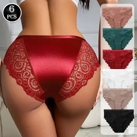 Women's High-Waist Cotton Sports Panties 6-Piece Pack - Soft, Stretchy, Breathable, Elegant Floral Lace Lady Intimates, Comfortable Everyday Wear, Valentine’s Day Gift, Multi-Color Options