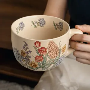 Vintage Floral Matte Ceramic Breakfast Cup, 775ML Large Capacity Home Mug, Creamy Countryside Style Drinking Coffee Cup, Ceramic Drinkware, 1pc