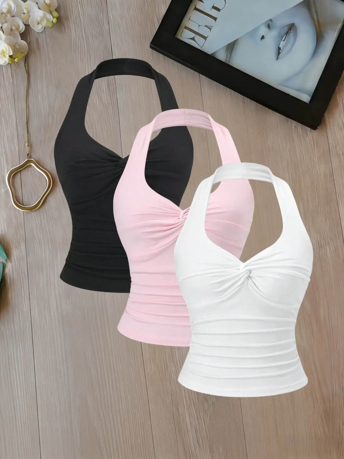 Three-Piece Halter Neck Ruched Knot Short Top, Draped Halter Top, Slim-Fit Solid Color Sleeveless Vest, Stylish and Comfortable Women's Fashion, Womenswear