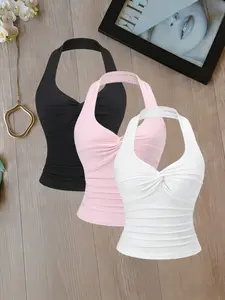 Three-Piece Halter Neck Ruched Short Top, Slim-Fit Solid Color Sleeveless Vest, Stylish and Comfortable Women's Fashion, Womenswear