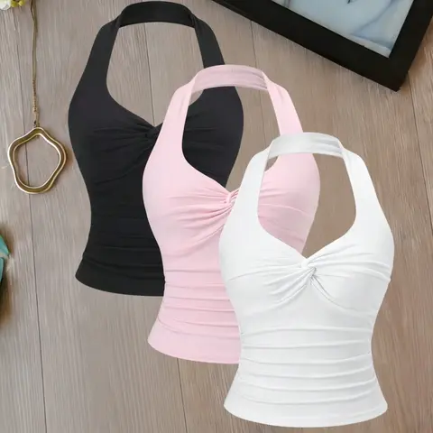 Three-Piece Halter Neck Ruched Knot Short Top, Draped Halter Top, Slim-Fit Solid Color Sleeveless Vest, Casual Sleeveless Cami, Camisole Tank Top, Stylish and Comfortable Women's Fashion, Sleeveless Everyday, Womenswear, Summer Tops Trendy