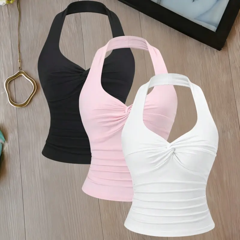 Three-Piece Halter Neck Ruched Knot Short Top, Draped Halter Top, Slim-Fit Solid Color Sleeveless Vest, Casual Sleeveless Cami, Camisole Tank Top, Stylish and Comfortable Women's Fashion, Sleeveless Everyday, Womenswear, Summer Tops Trendy