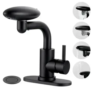 WOWOW Single Handle Bathroom Faucet in Matte Black, 4 Modes, Stainless Steel, 1 or 3 Holes for Sink/Vanity, 360° Swivel, Waterfall, Brushing, Rainfall & Bubble Stream Modes
