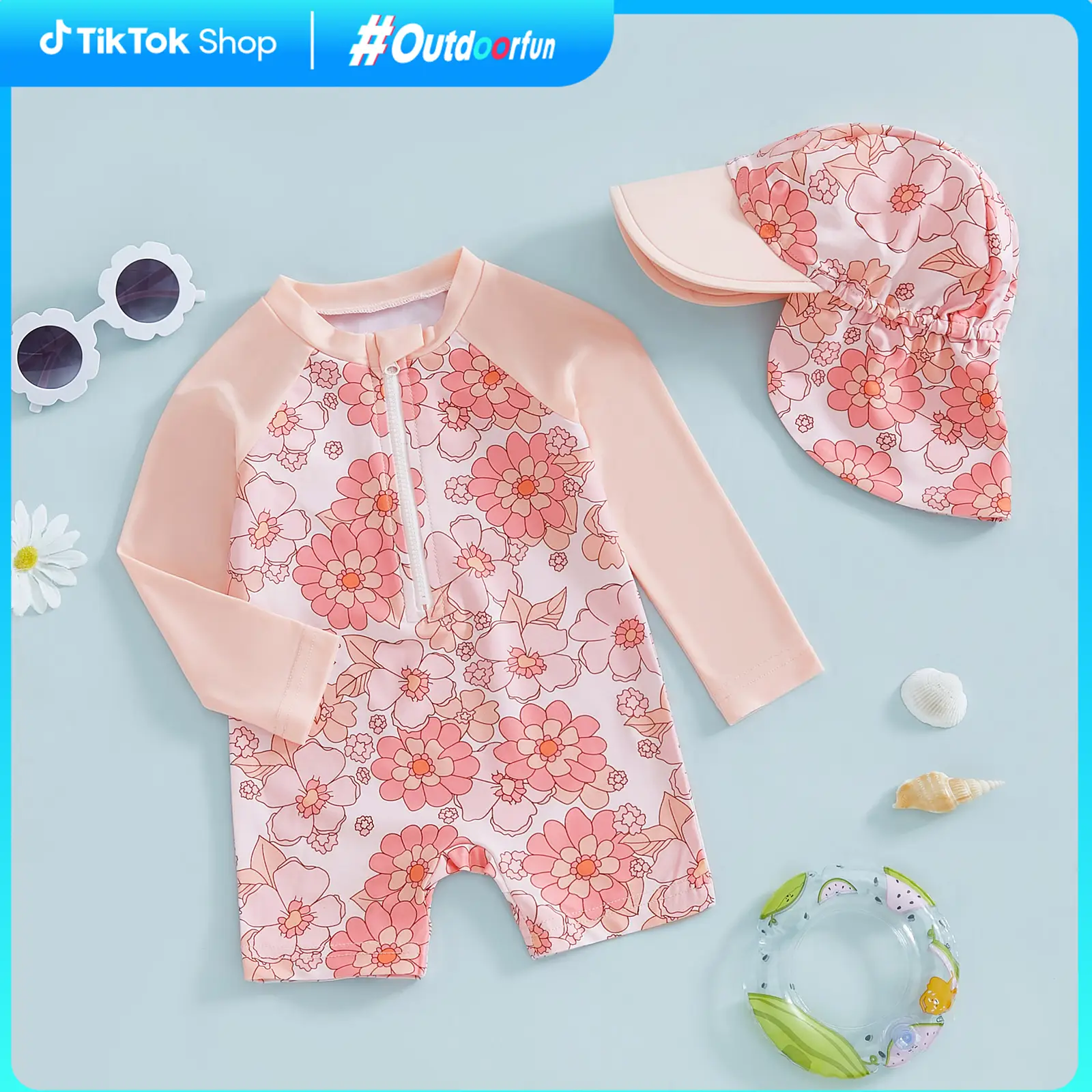 Outdoorfun Toddler Girl Long Sleeve Swimsuit Floral/Flamingo Print Half Zipper Non-Pilling Rash Guard Swimwear Sunhat Set