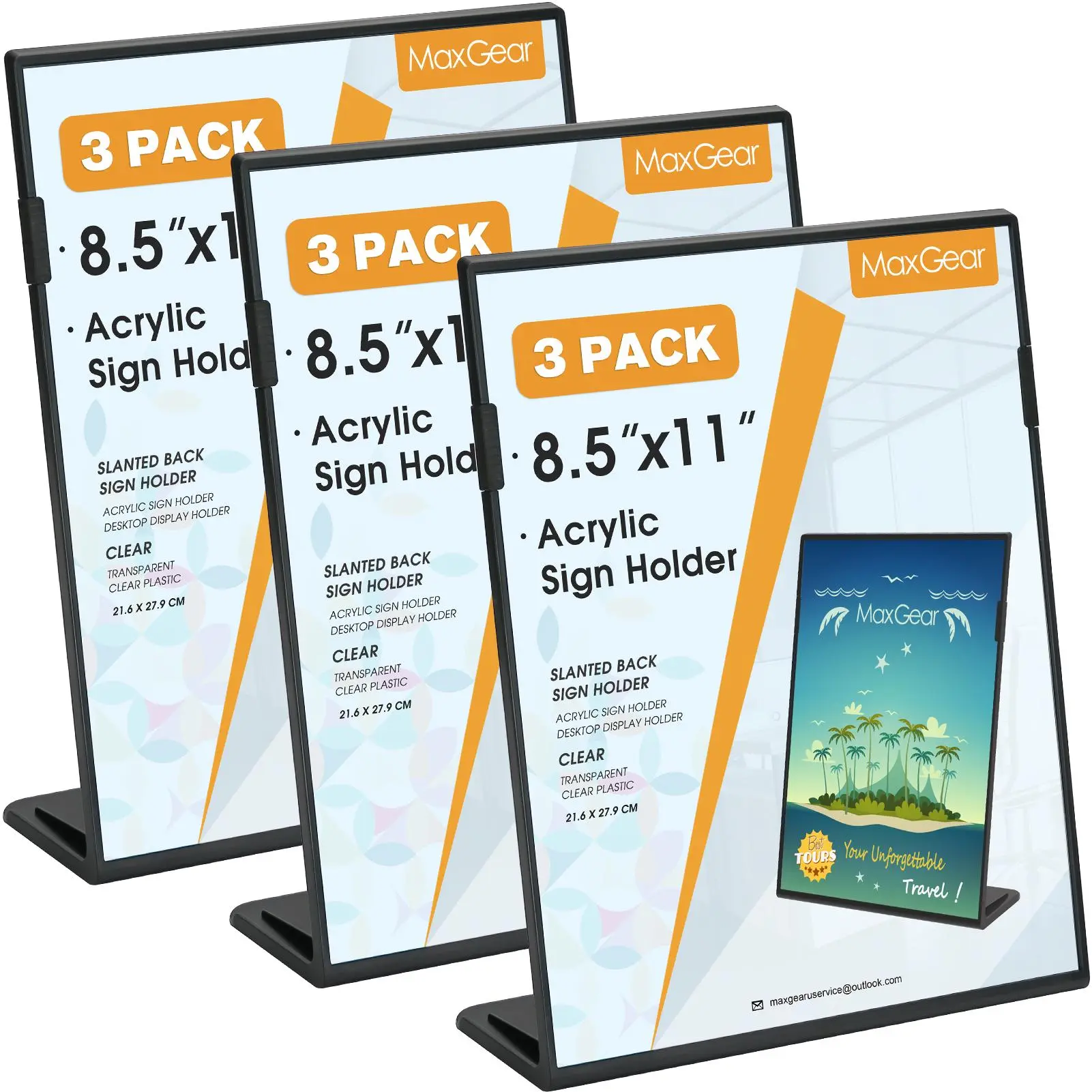 MaxGear 3-Pack 8.5×11 in Fall-Resistant Acrylic Sign Holder, Heavy-Duty Slanted-Back Desk Display Stand for Flyers/Menu, Black Office Stationery for Businesses