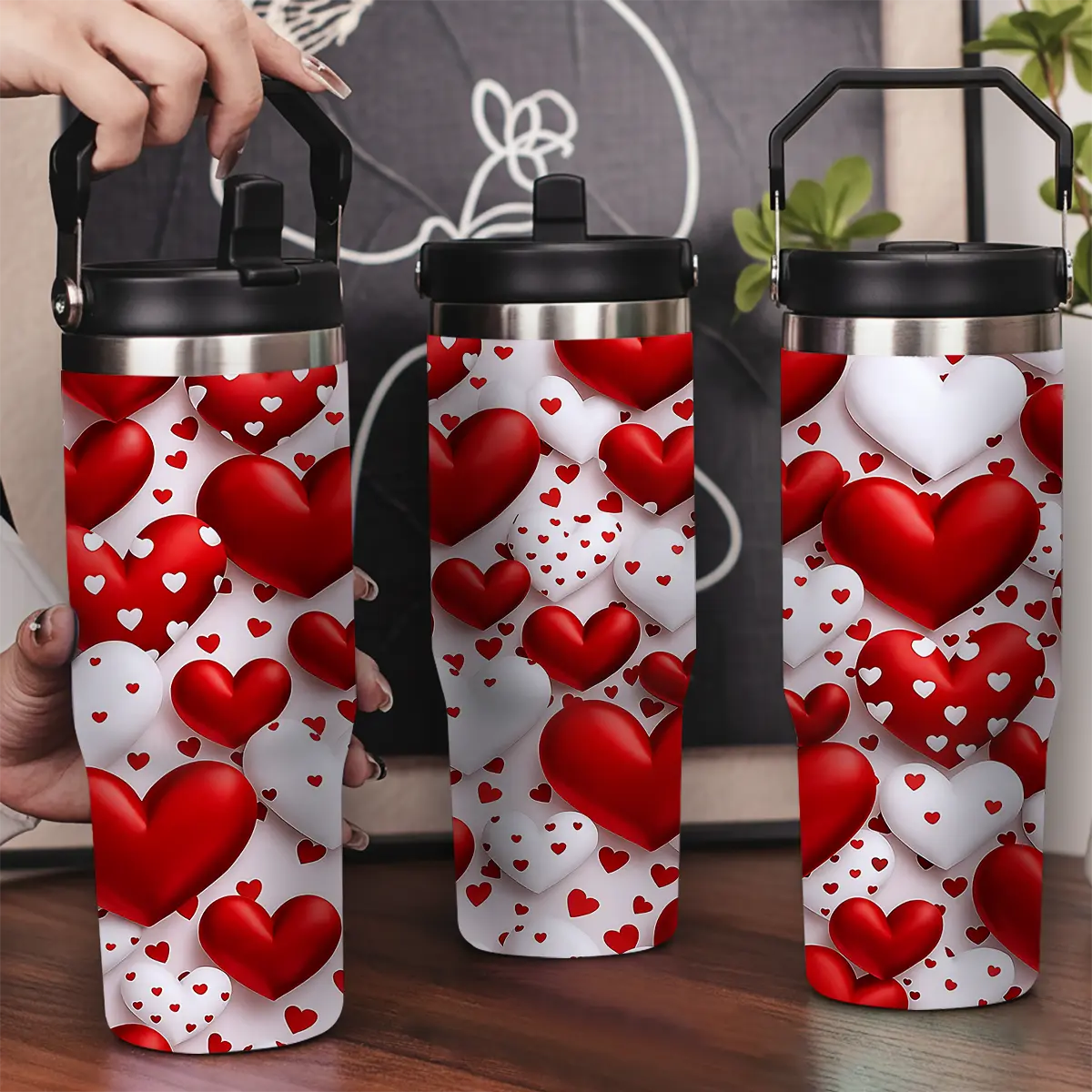 30oz Stainless Steel Insulated Water Bottle Tumbler - Leak-Proof Lid, Portable Handle, Valentine's Day Hearts Style, Long-Lasting Hot/Cold Insulation, Personalized Winter Drinkware for Her, Statement Valentine's Day Gift, Water Bottles