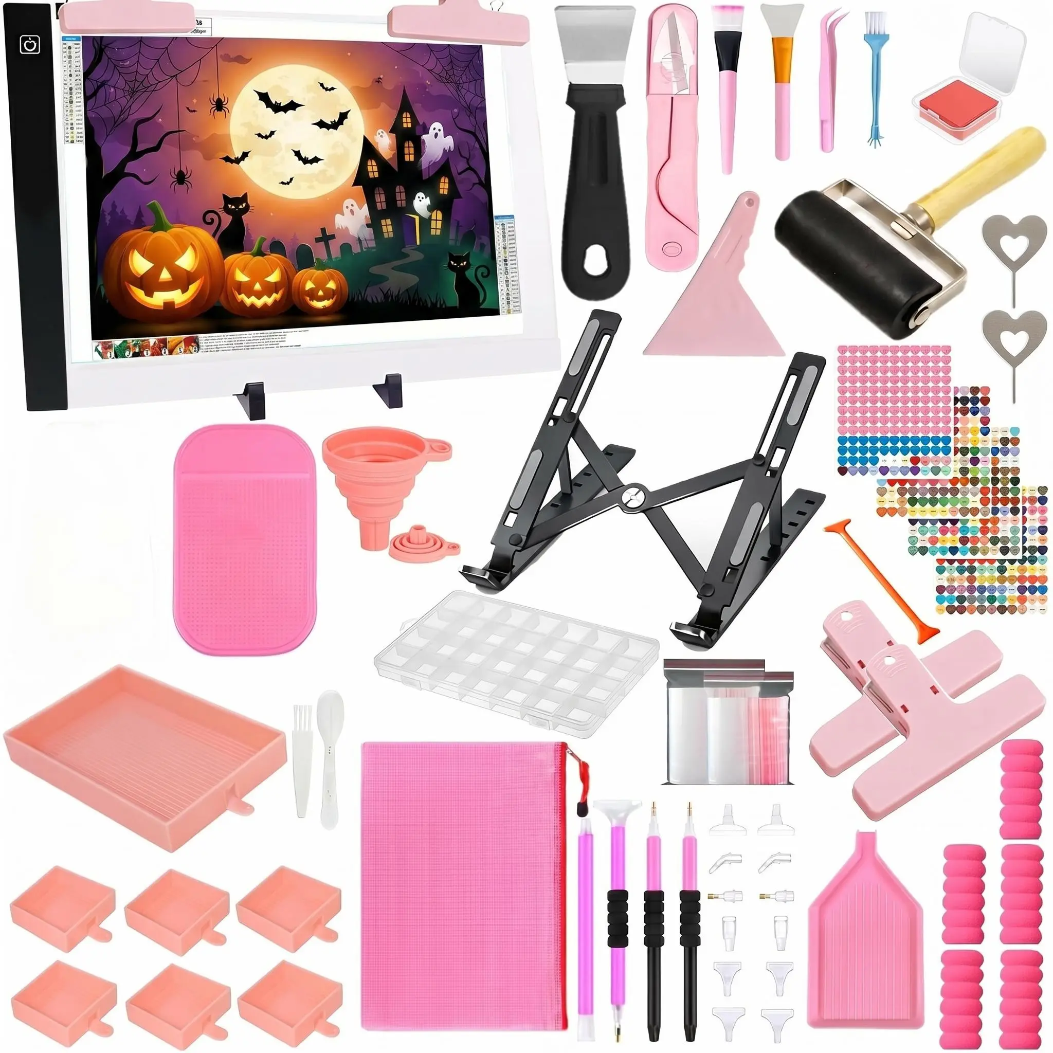 Pink Diamond Painting Light Board Tools Set, Full Diamond Art Accessories with Adjustable Work Stand, Multi-Spec Drill Pens, LED Light Pad, for DIY Handmade Hobby Beginners