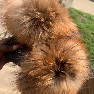 Brown & Orange Fluffy Slides for Women - Cute Open Toe Fur Slides with Comfortable Rubber Sole for Indoor & Outdoor Use - Girl Footwear Walking Shoes