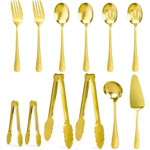 12 PCS Serving Utensils Gold, Stainless Steel Flatware Set Includes Large Serving Spoons, Slotted Spoons, Ladle, Forks, Tongs, Appetizers Tongs and Cake Server for Buffet Party Catering
