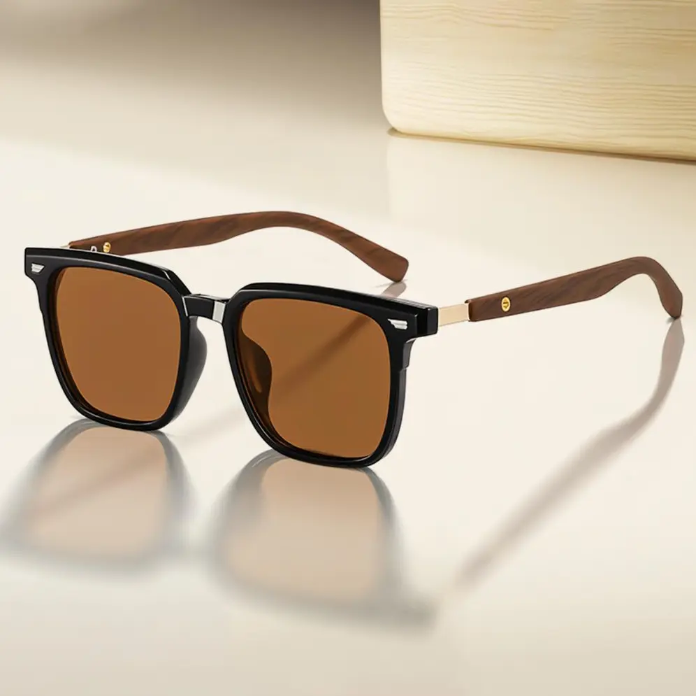 Men's 90s Retro Square Sunglasses, Gold Metal Connector, Wood Texture Temples, Brown Polarized UV400 Lenses, Driving & Outdoor Shades