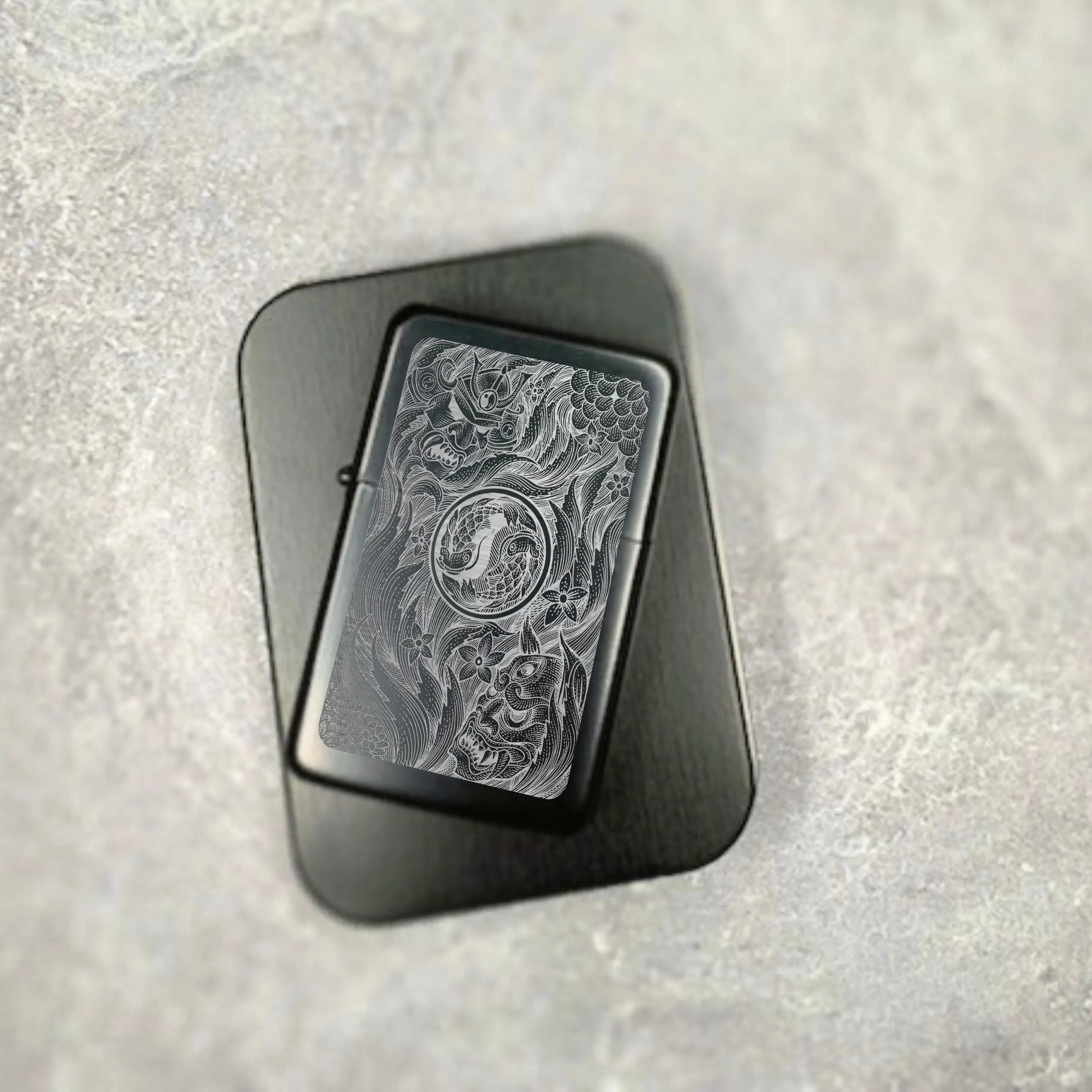 Battling Oni warriors design cool engraved lighter case accessory