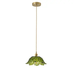 Modern 1- Light Pendant Light Green Tinted Glass Shade with Electroplated Brass Finish