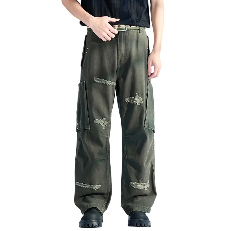 [KU2510] Men's Army Green Ripped Cargo Jeans, Vintage Washed Multi-Pocket Wide Leg Denim Pants, Y2K Streetwear Loose Straight Trousers