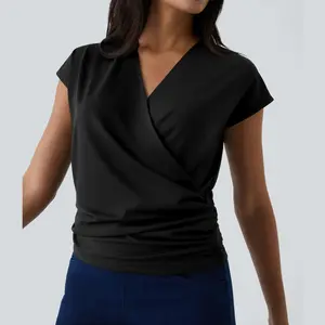 Halara V Neck Cap Sleeve Crossover Ruched Solid Work Blouse