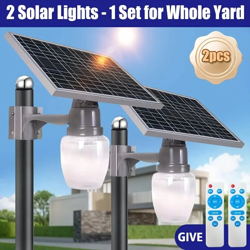 2-Piece LED Solar Street Lamp with Remote Control, Light Activation & Adjustable Color Temperature (3000K/4000K/6500K) – Outdoor Garden Lamp for Parking Lots, Courtyards, Villas