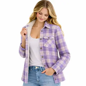 Women's Flannel Shacket Sherpa-Lined Plaid Fleece Jacket with Buttoned Cuffs & Front Pockets Cotton Blend Coats Layering or as a Light Jacket - Fitted Outerwear