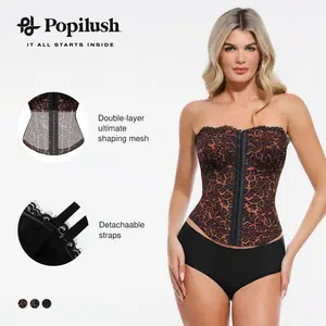 【Runs Small】Popilush Leopard Print Corset Top Women Detachable Strap Lace Up Bustier Sculpting Shapewear Tank Top Party Club Streetwear #Dealsforyoudays