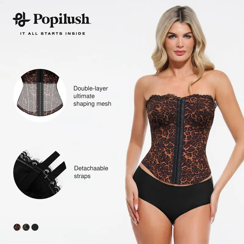 【Runs Small】Popilush Leopard Print Corset Top Women Detachable Strap Lace Up Bustier Sculpting Shapewear Tank Top SohoChic Party Club Streetwear