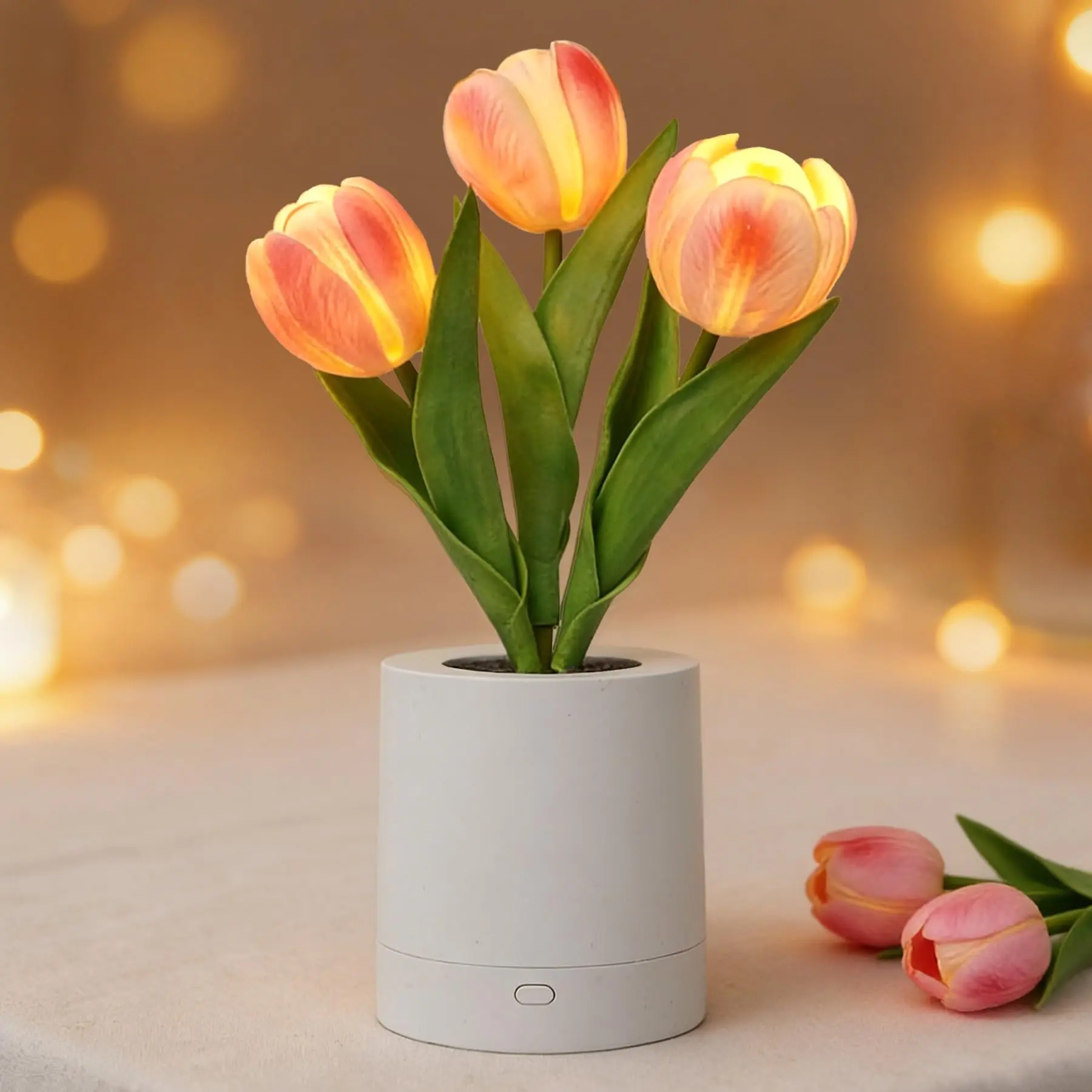 Romantic Pink Tulip Flower Design LED Table Lamp with Artificial Flower Vase - Dimmable Soft Glow Ambient Night Light for Home Living Room Decor, Birthday Party Centerpieces (Cozy Vibes)
