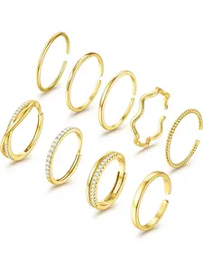 9 Pcs Gold Stackable Rings for Women Non Tarnish Open Adjustable Rings Cubic Zirconia Thin Thumb Silver Ring Set 14K Gold Filled Pinky Knuckle Stacking Set - Dainty Statement Promise Band Ring Sets Pave Ring