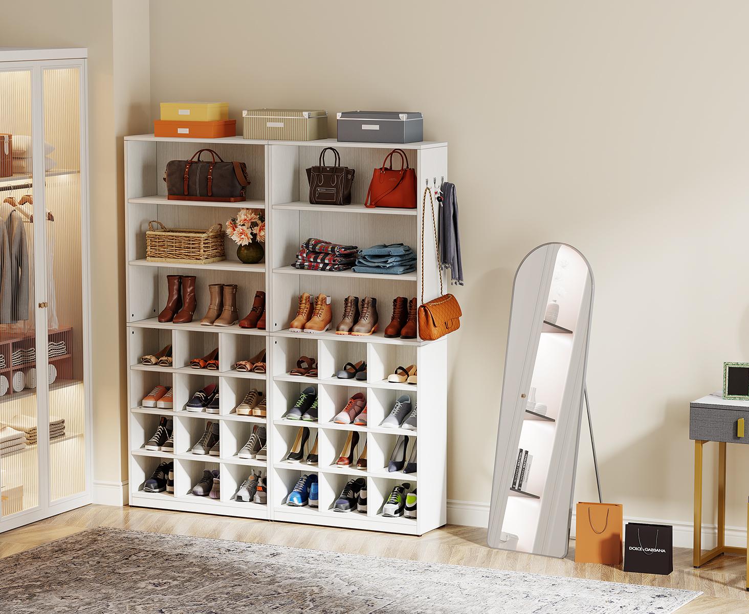 Tribesigns  Modern Shoe  Cabinet, 24 Pair Freestanding Shoe Rack Storage Organizer with Side Hooks, with Shelves for Hallway Bedroom Closet Entryway