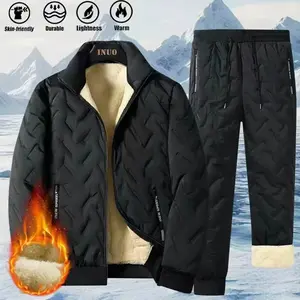 2 Piece Set Plus Size Cotton Jacket and Jogger Pants Set - Thick Warm Winter Clothing, Machine Washable Casual Wear, Middle-aged and Young Men's Apparel, Cozy Fleece Lining, Relaxed Fit with Pockets, Zipper Closure Design, Suitable for Casual Outings and