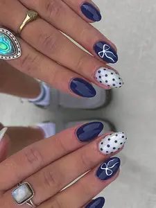 24pcs/Set Minimalist Style Medium Oval Press-On Nails, Vintage Navy Blue Polka Dot & Bow Design, Suitable For Girls And Women For Daily Dates And Parties