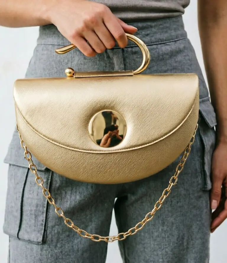 Luxury Half Moon Evening Clutch Purse For Women Mirrored Leather Elegant Metallic Handle Handbag Clutch Bag with Chain For Wedding Bridal Party Banquet Gala Prom Dance