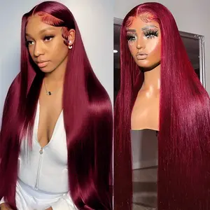 Burgundy Colored Wig Human Hair Bone Straight 13x6 13x4 HD Transparent Lace Wig 99J Red Human Hair Wig Colored Reddish Brown Lace Frontal Wigs 180% Density Pre Plucked
